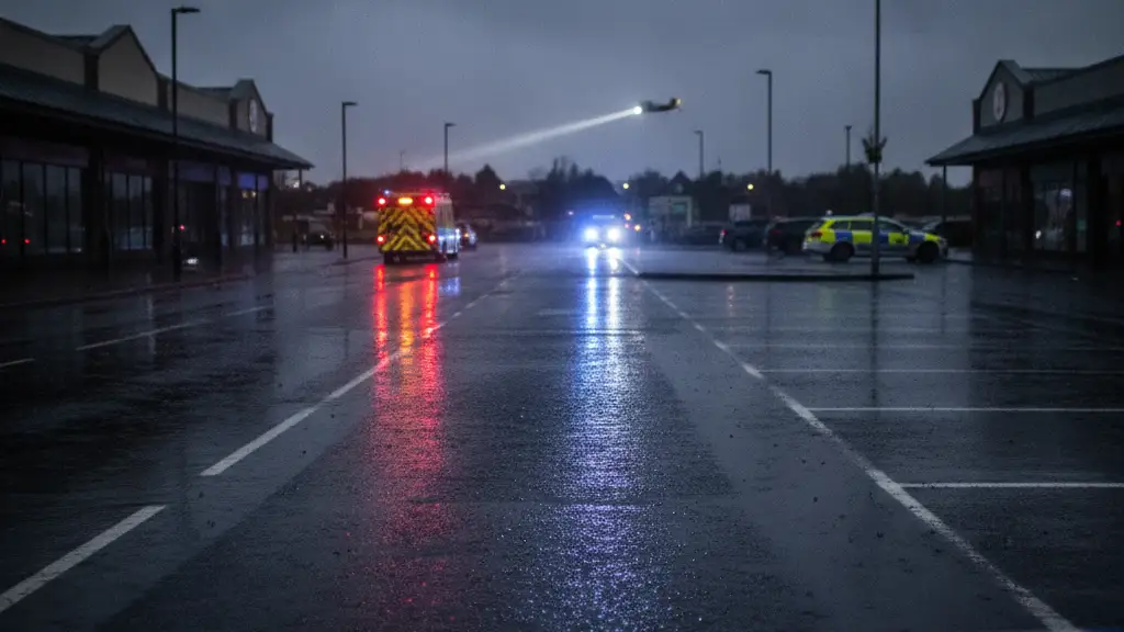 Emergency lights reflect in puddles at a retail park, police tape in foreground.