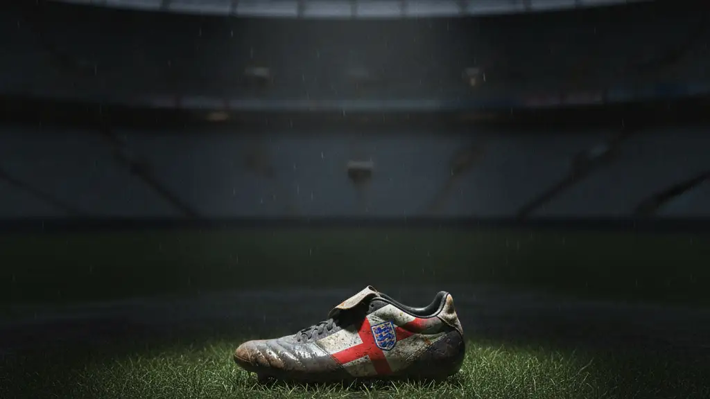 A muddy football boot with an English flag lies on a wet, empty stadium pitch.