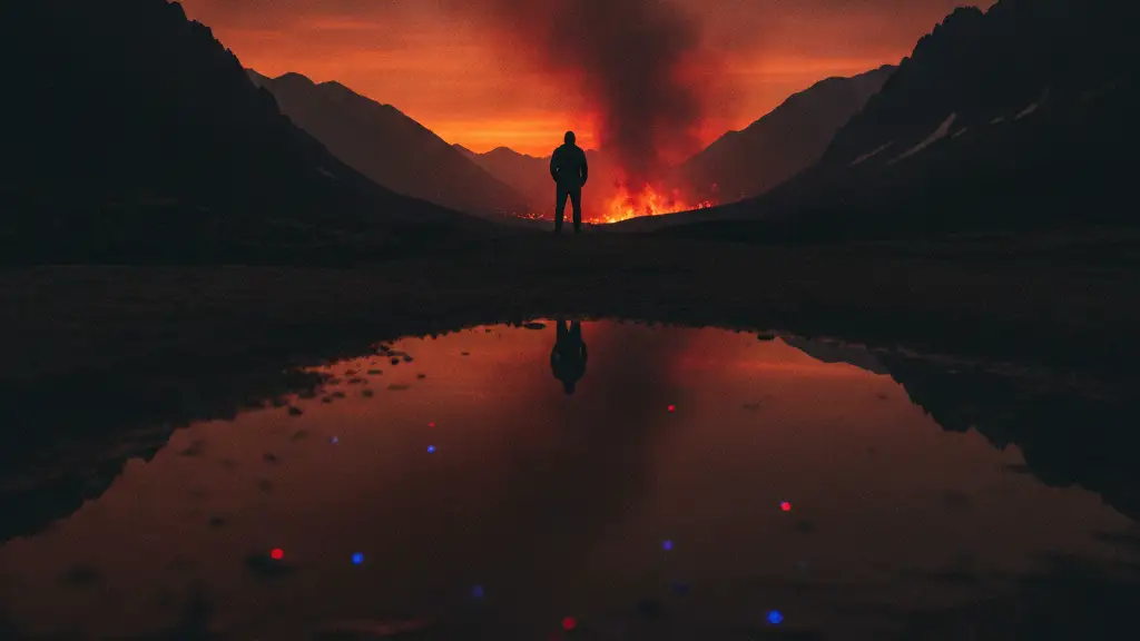 Silhouetted figure overlooks a smoke-hazed, orange-red landscape at dusk.