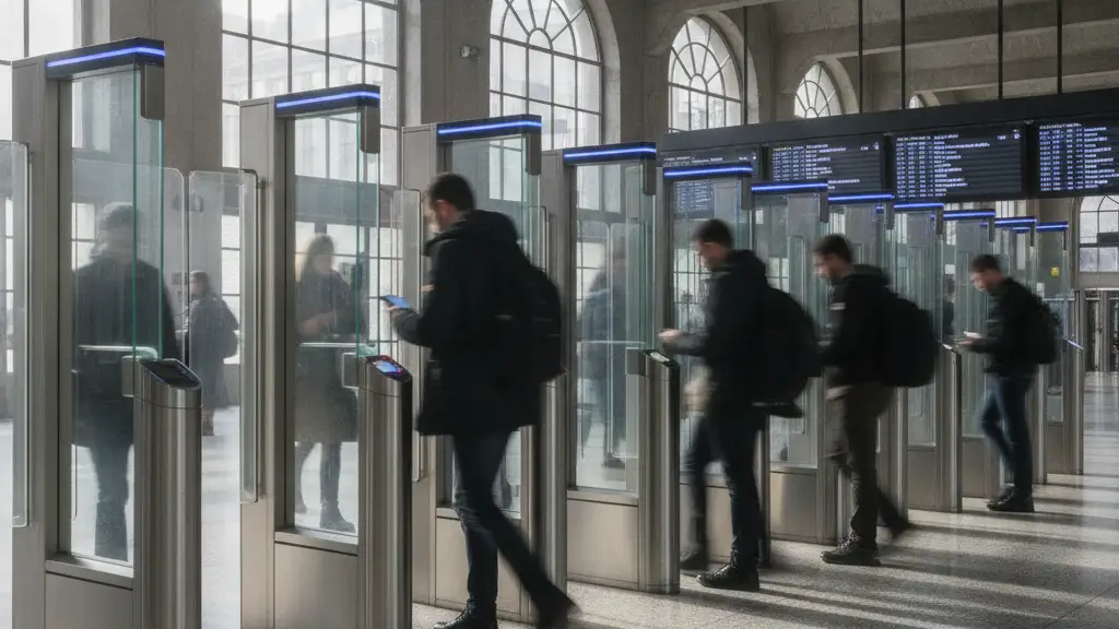 Modern, tall ticket barriers at a busy train station, commuters blurred in motion.
