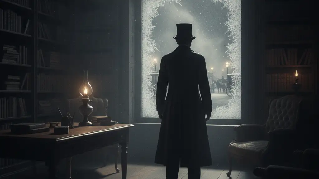 Dark silhouette of a figure in a top hat and long coat in a Victorian study.