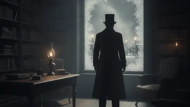 Dark silhouette of a figure in a top hat and long coat in a Victorian study.