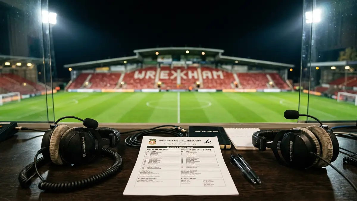 Two broadcast headsets and match notes on a desk overlooking a football stadium at night.