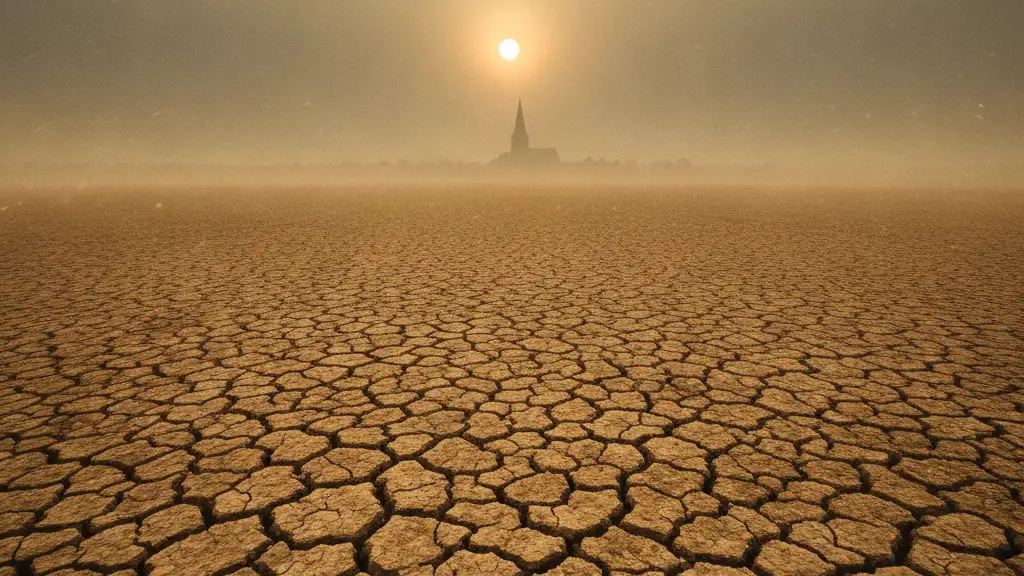 Cracked earth under a hazy sun, distant church spire, symbolizing heatwave impact.
