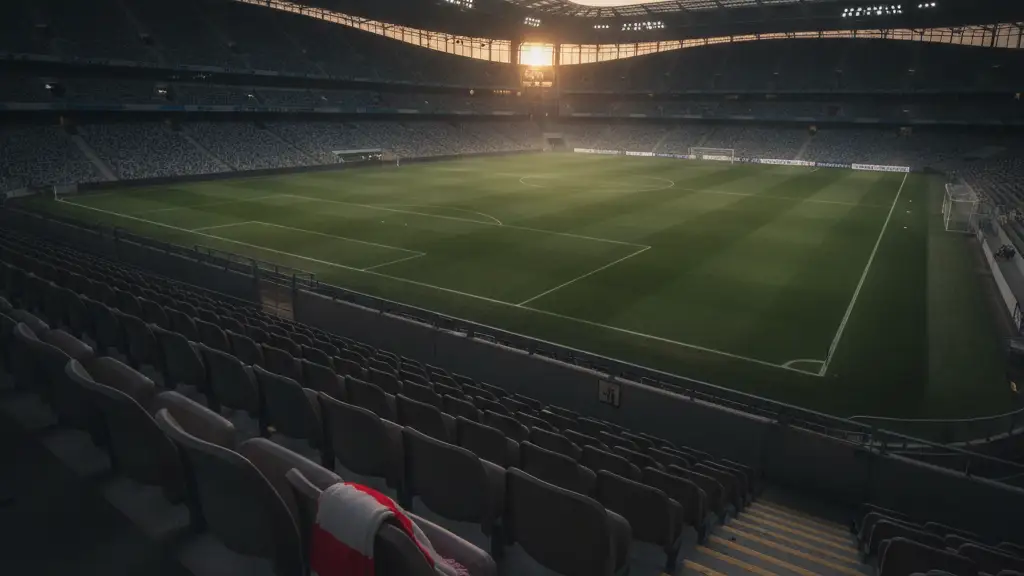 A red and white football scarf draped over an empty stadium seat.