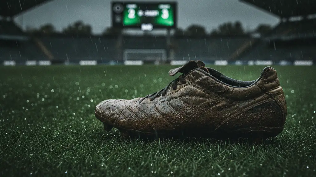 A lone, mud-splattered football boot on a wet stadium pitch after a match.