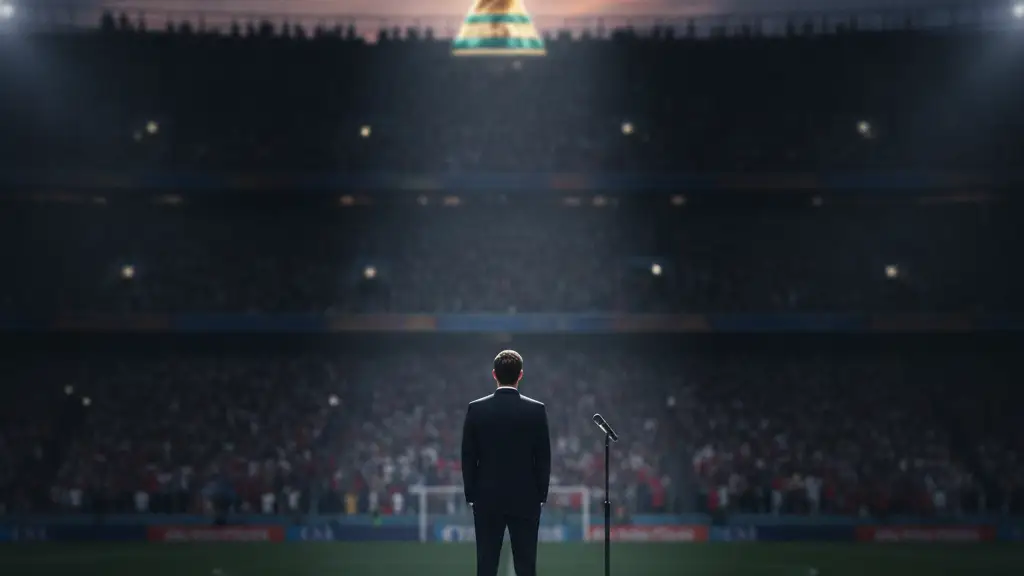 Blurred figure on a stadium podium with a microphone, World Cup trophy in background.