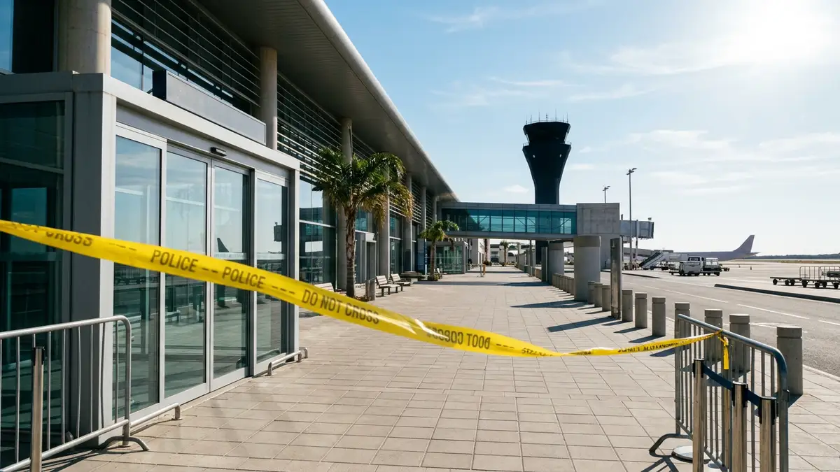 Yellow police tape across a deserted airport entrance with a control tower in the background.