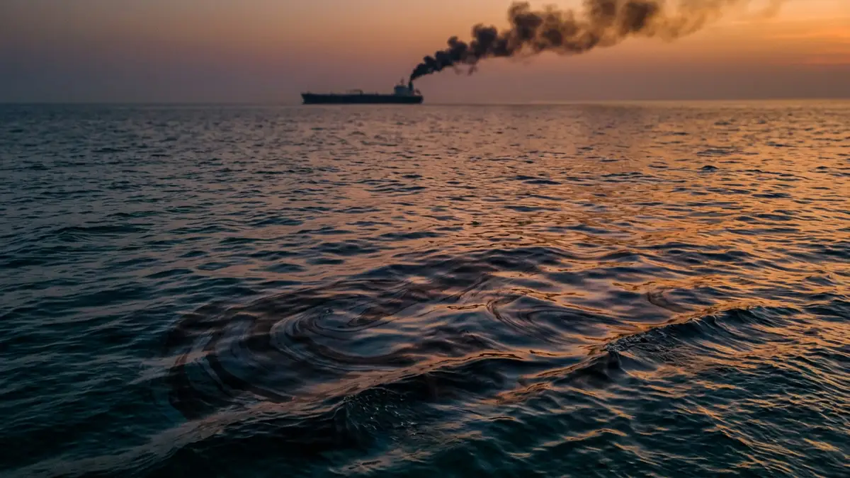 Dark oil slicks swirl on the ocean surface with a distant tanker silhouette and smoke.