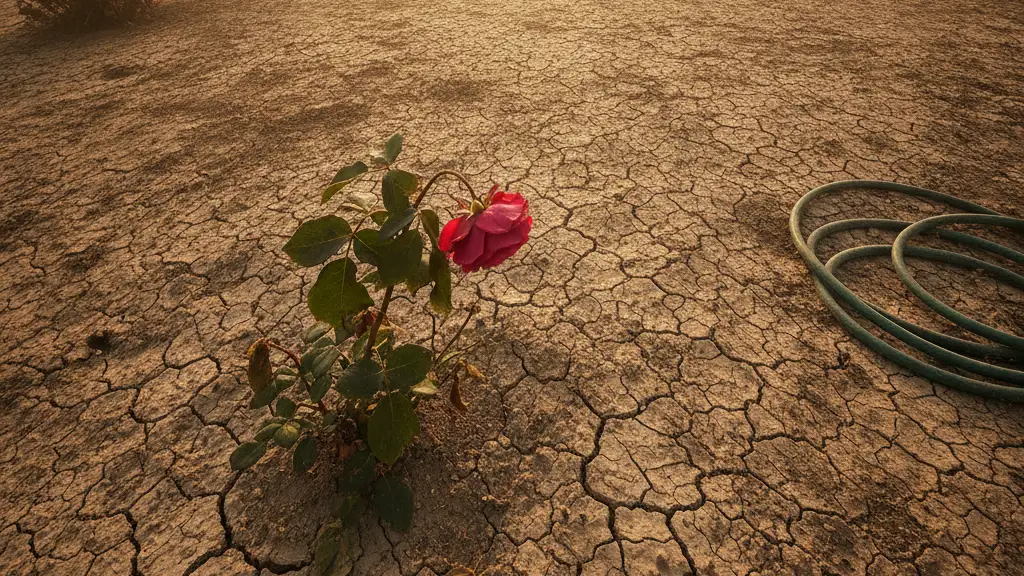 Parched, cracked earth with a wilting rose under a hazy sun, symbolizing drought.