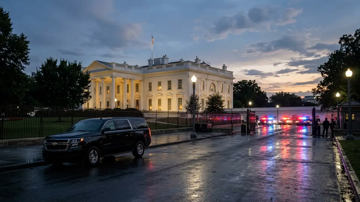 White House exterior at dusk with blurred emergency lights and a dark official vehicle.
