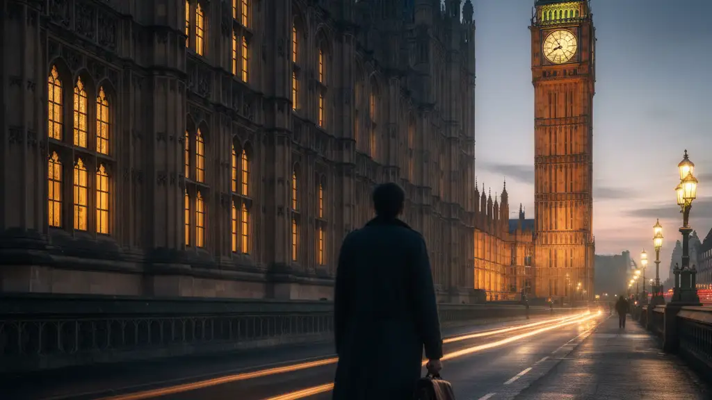 A silhouette of a person walking toward the Houses of Parliament at dusk.