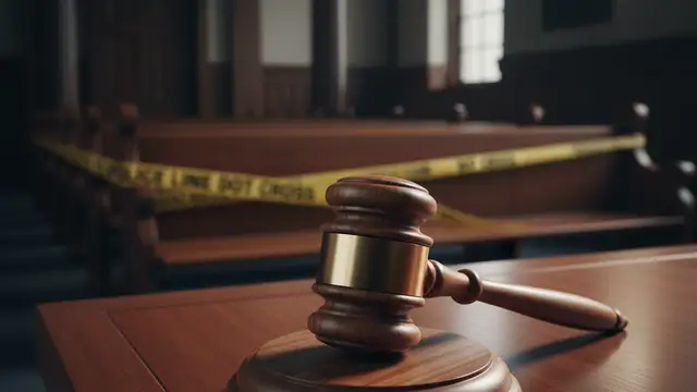 A wooden gavel on a desk with blurred police tape in a courtroom background.