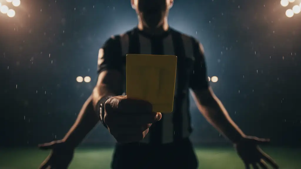 Referee's hand with a yellow card, obscuring a player's mouth during a heated argument.