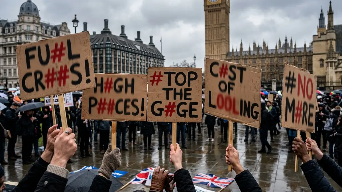 Hands holding protest signs against a blurred backdrop of Westminster architecture.