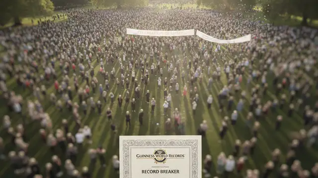 A vast crowd in Hyde Park wearing bald caps, with a Guinness World Record certificate.