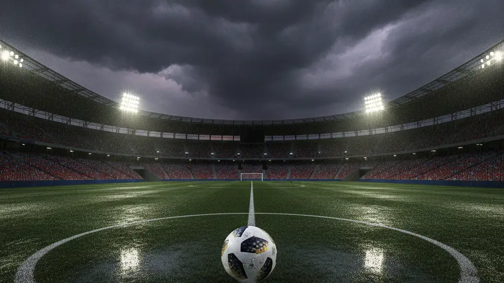 Empty, rain-slicked soccer stadium at dusk with storm clouds and a single World Cup ball.