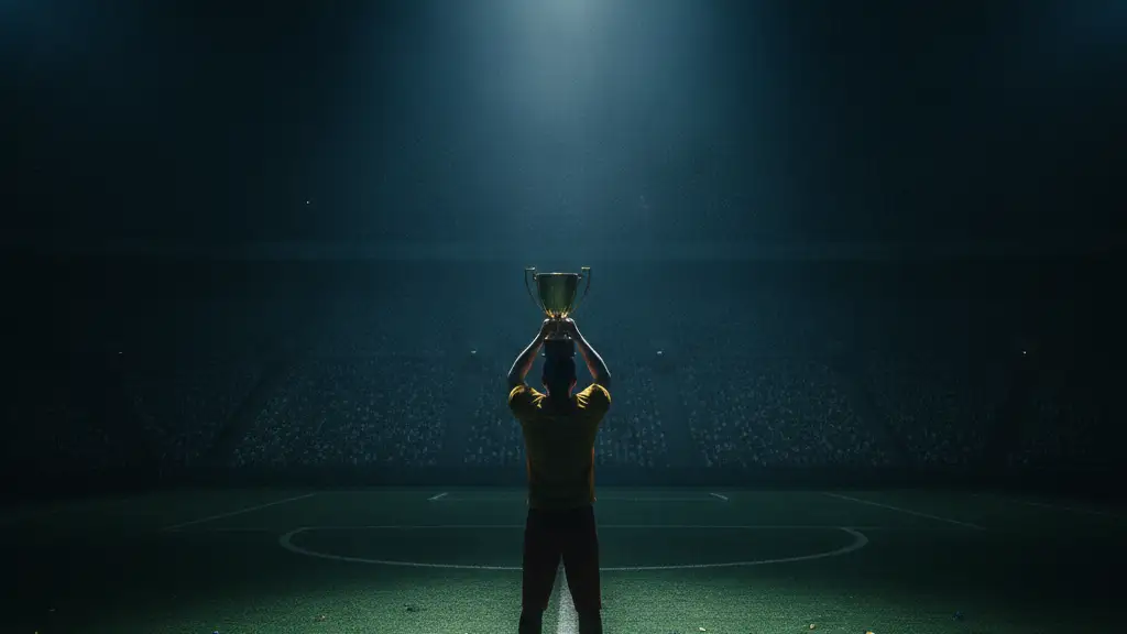 Silhouetted figure holding a gold trophy on an empty, spotlighted football pitch.