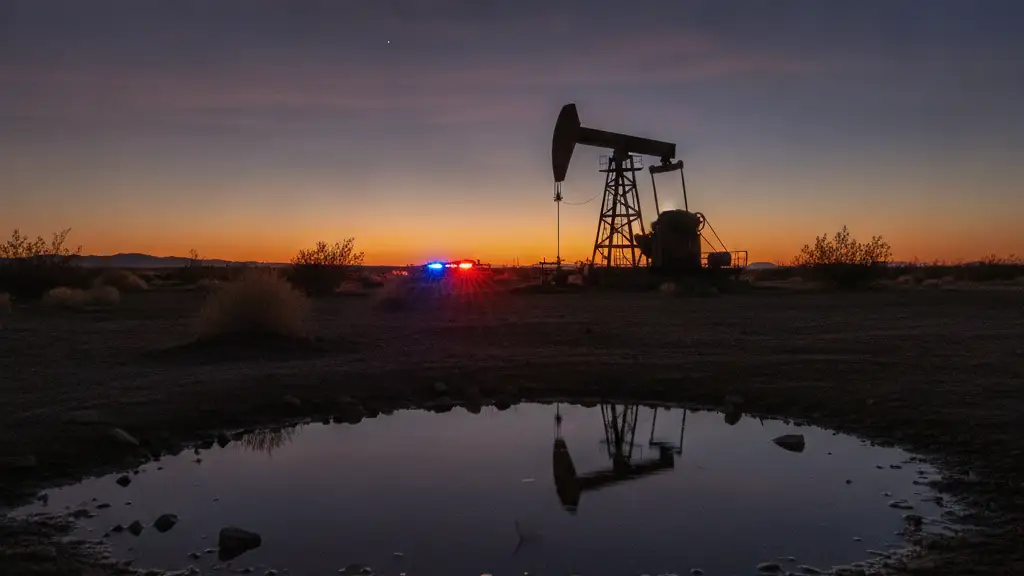 Distant emergency lights reflect in a desert puddle at dusk, with an oil derrick silhouette.