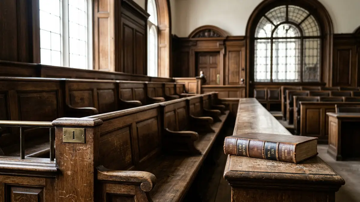 An empty wooden jury box in a traditional courtroom with soft lighting.