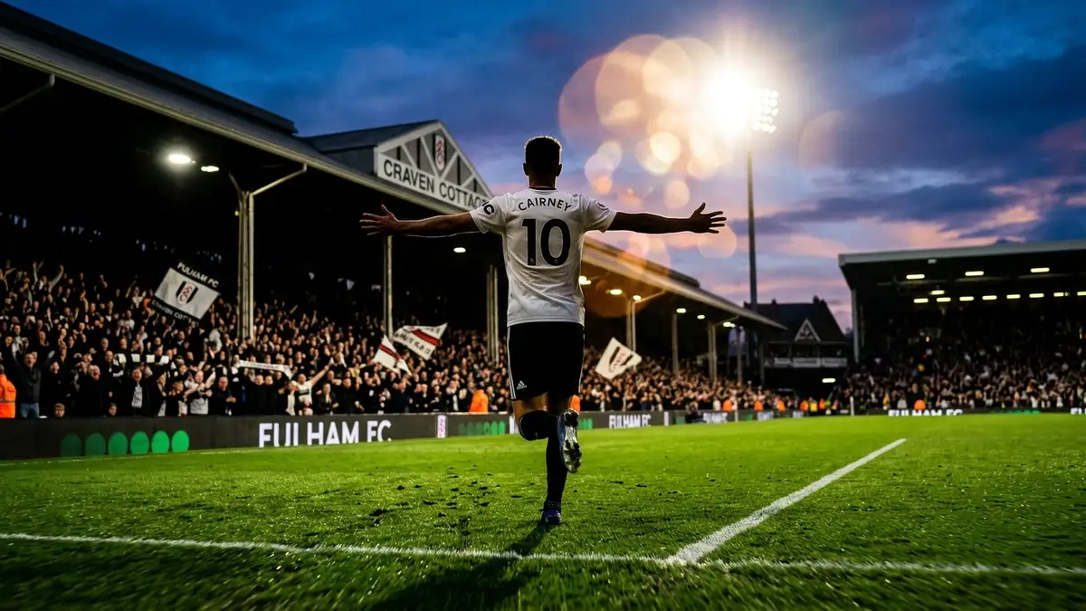 A silhouetted football player celebrates on a green pitch under bright stadium floodlights.