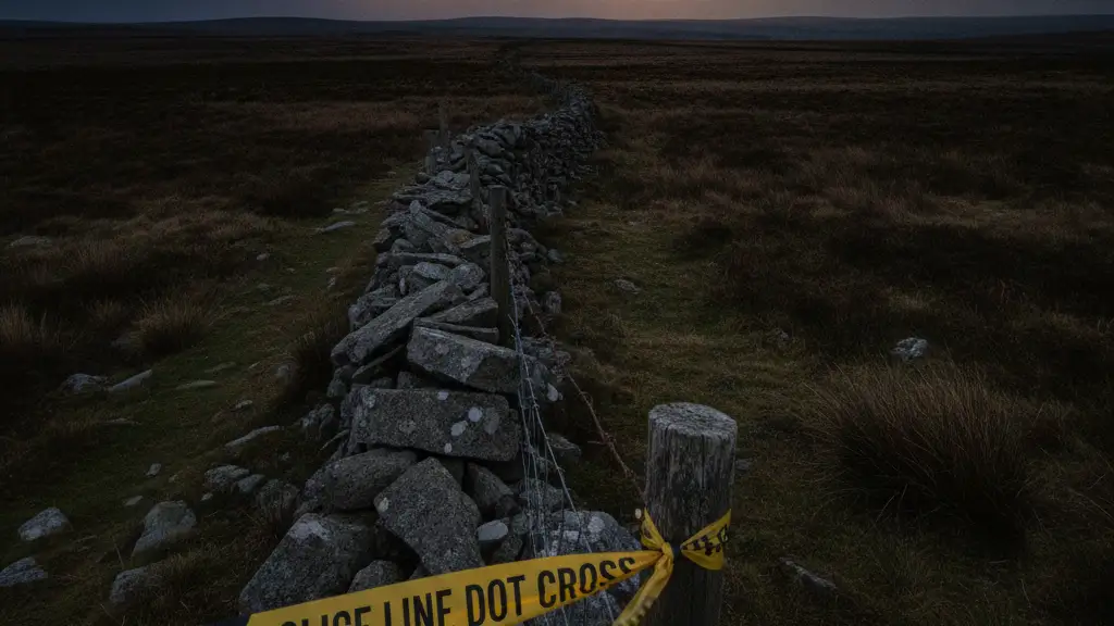 Police tape on a fence post in a desolate Dartmoor landscape at dusk.