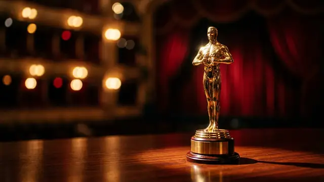 A gold film award statuette stands on a polished surface against a red velvet background.
