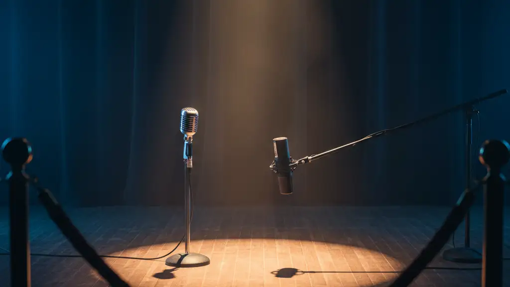 Two microphones stand alone on a dark stage under a single bright spotlight.