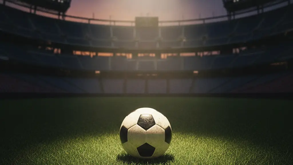 A single football illuminated by a spotlight on an empty stadium field at dusk.