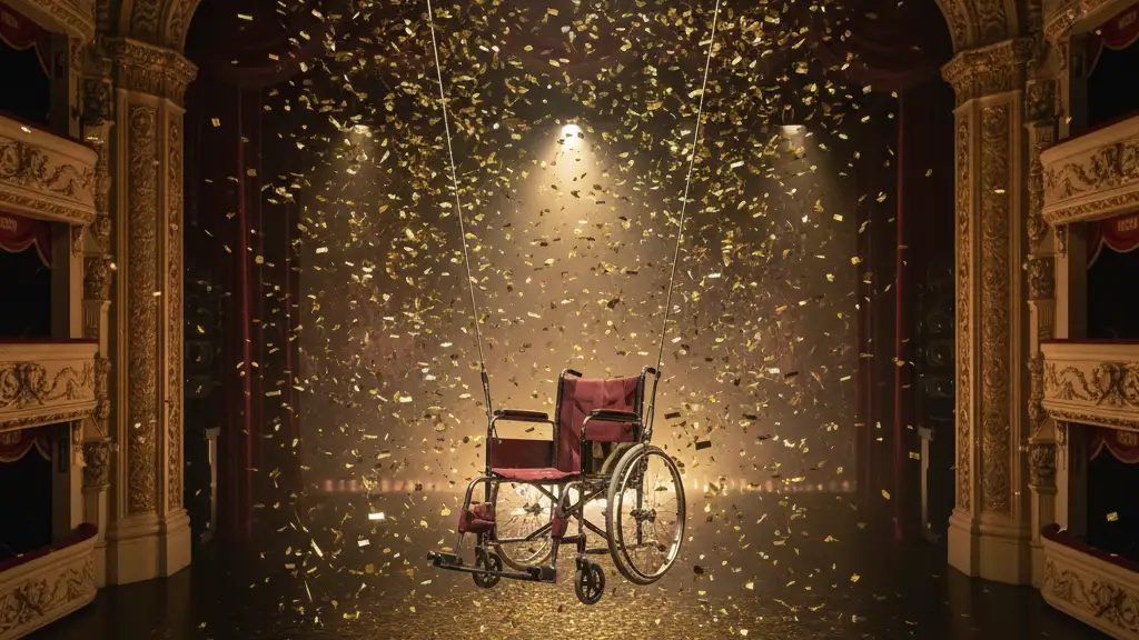 A wheelchair suspended in mid-air on a theater stage under falling gold confetti.