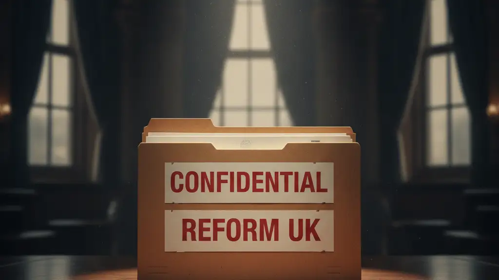 Confidential file folder labeled 'REFORM UK' on a dark, polished desk.