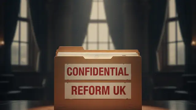 Confidential file folder labeled 'REFORM UK' on a dark, polished desk.