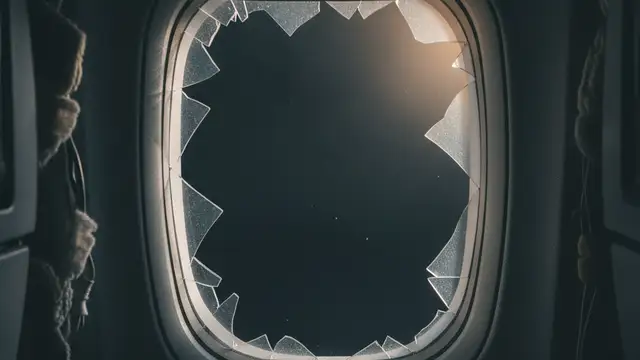 Shattered airplane window with jagged edges, dark void beyond, hinting at mid-flight emergency.