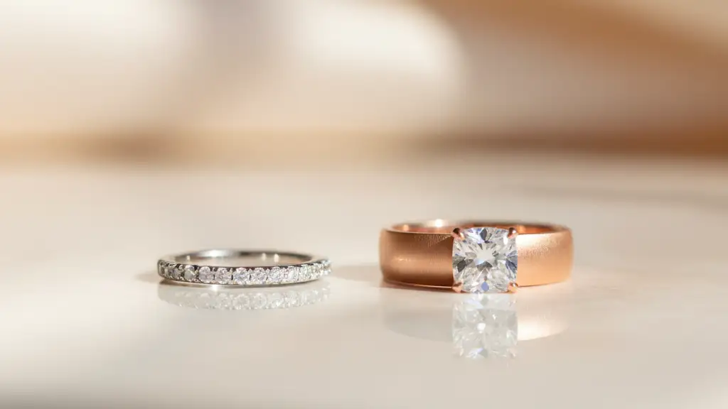 Two elegant wedding rings, slightly separated, on a reflective surface.