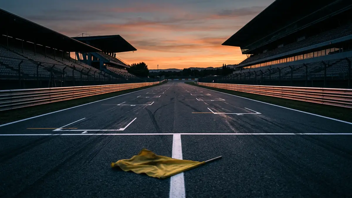 An empty Formula 1 starting grid at sunset with vacant grandstands in the background.