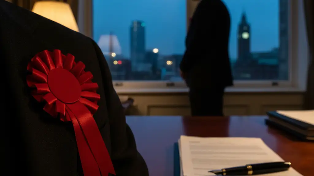 A silhouette of a person in a suit with a red political rosette overlooking Manchester.