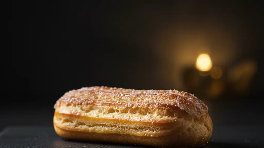 A single, perfect éclair on a dark surface, with dramatic lighting.