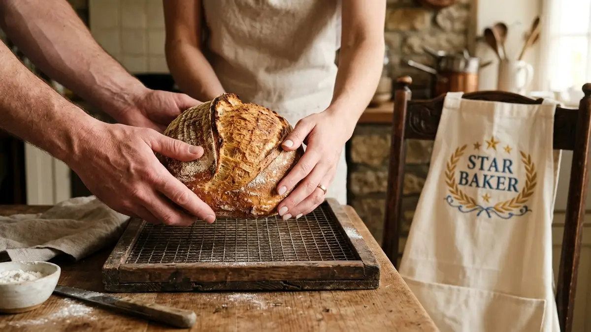 Two pairs of hands, male and female, placing a baked loaf on a cooling rack.