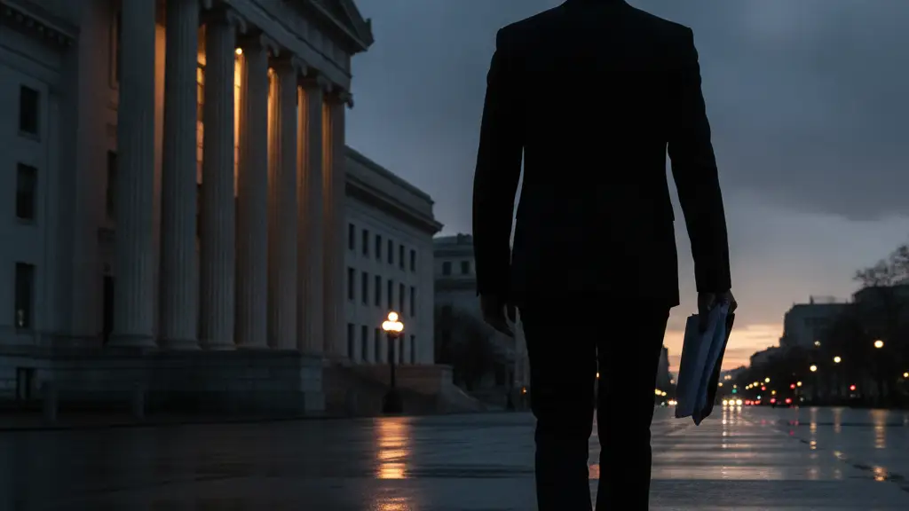 Silhouette of a person walking away from a courthouse at dusk, holding a document.
