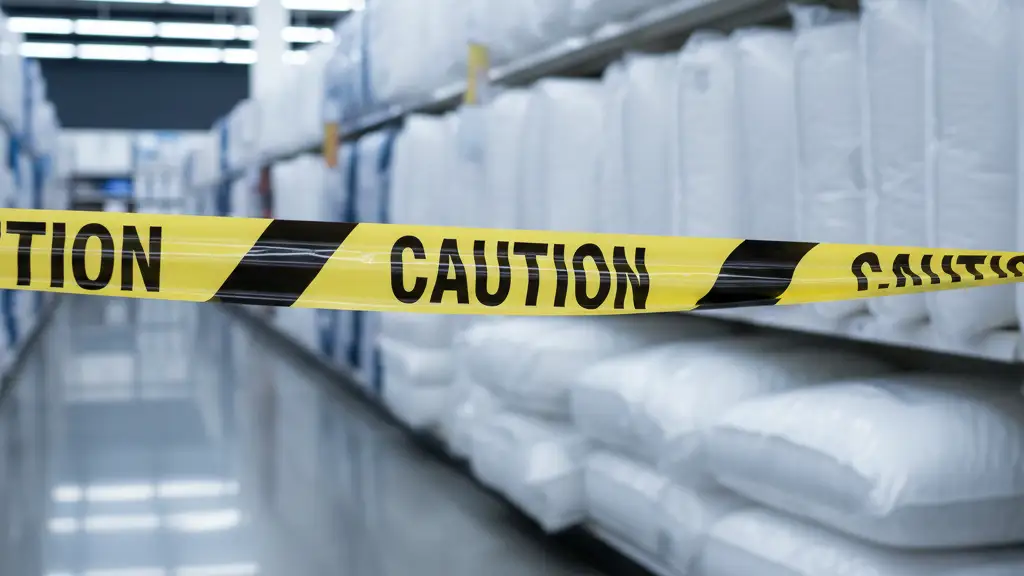 Yellow caution tape stretched across a retail aisle containing stacked white pillows and bedding.