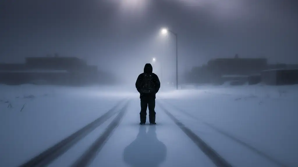 Silhouette of a person in snow, facing away, under a stormy, snow-filled sky.