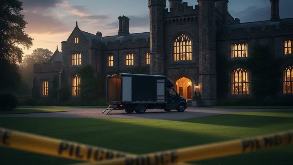 Royal lodge with police tape and a removal van at dusk.