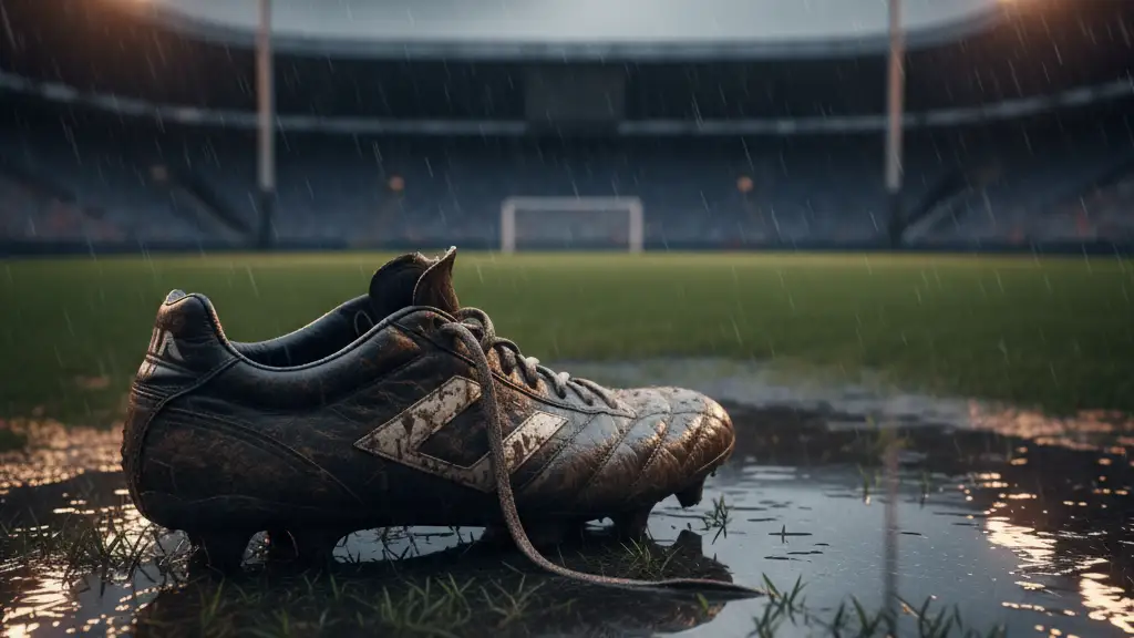 A single muddy football boot on a wet pitch under dramatic stadium lights.