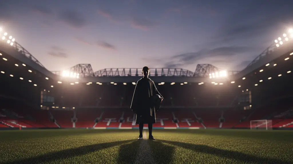 Silhouette of a young footballer on Old Trafford pitch under dramatic stadium lights.