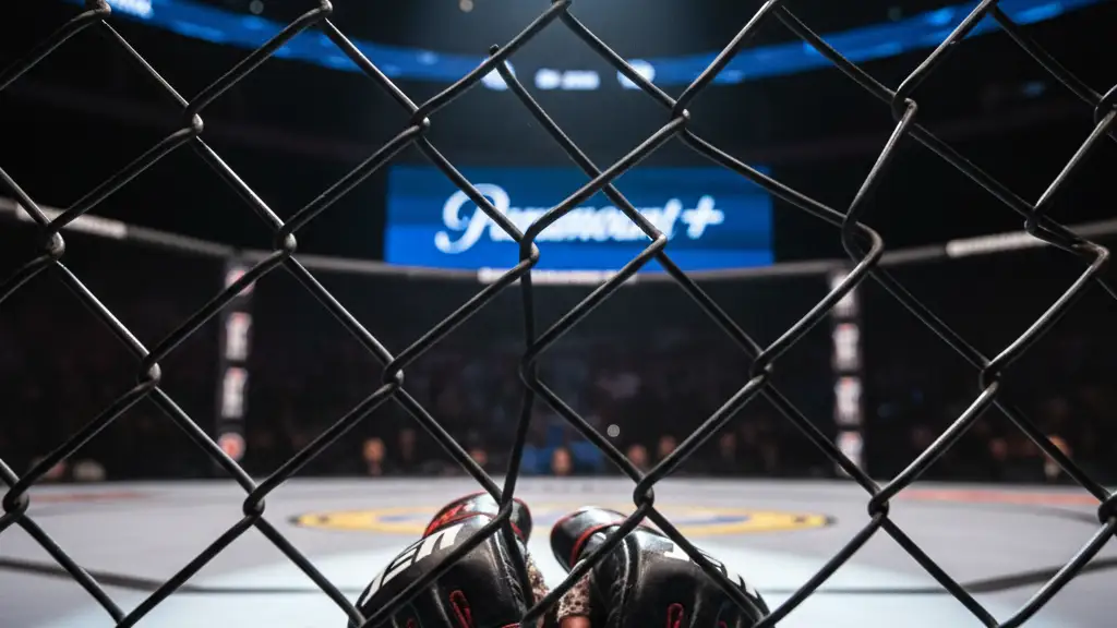 MMA gloves resting on an octagon canvas under a spotlight with a blurred arena background.