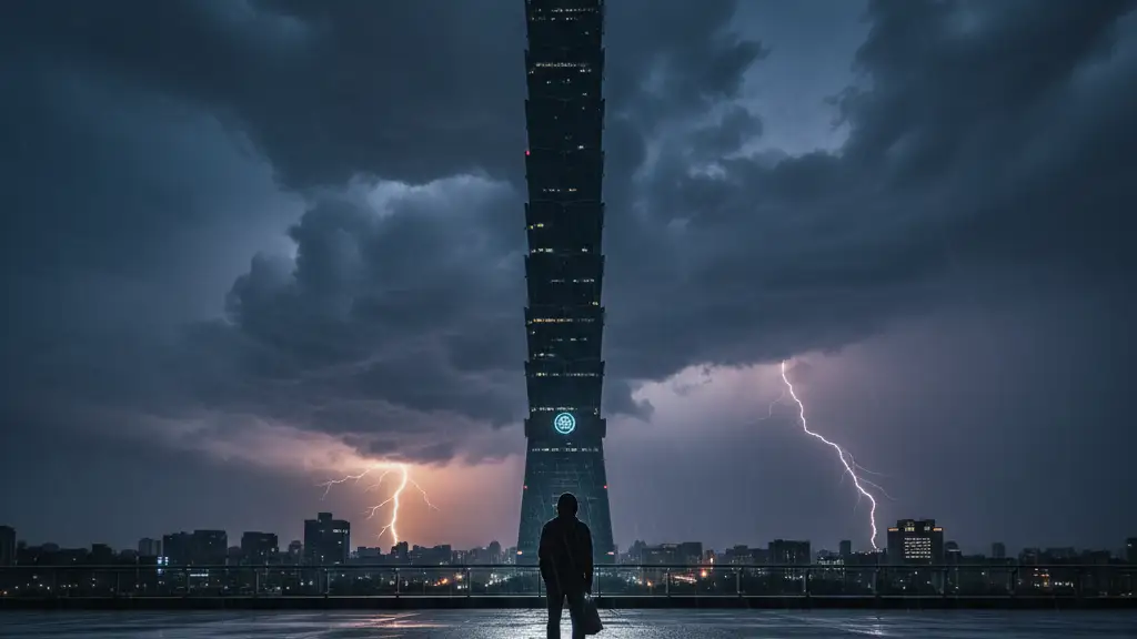 Silhouette of a climber at the base of Taipei 101 skyscraper during a storm.