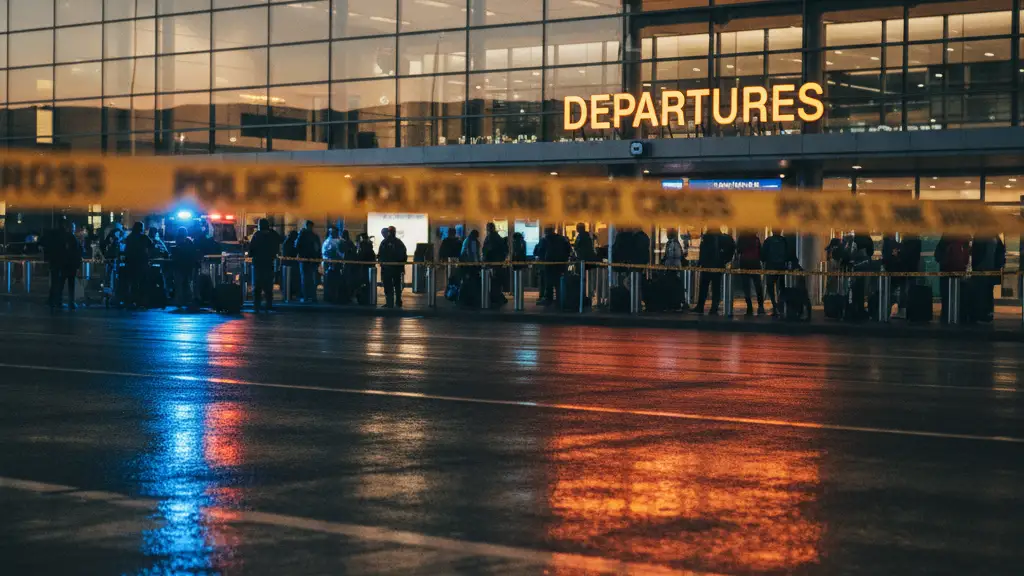 Emergency vehicle lights reflect on airport terminal windows behind yellow police caution tape at night.