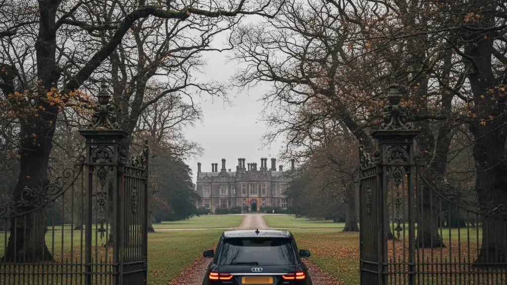 A black car driving through estate gates toward a distant manor under a grey sky.