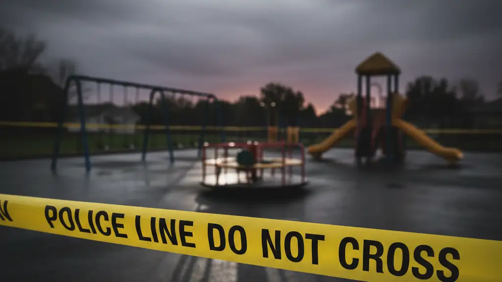 Yellow police tape cordons off an empty, blurred playground.