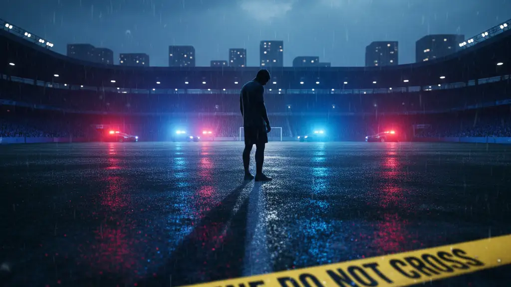 Silhouette of a footballer on a pitch with police tape and flashing emergency lights.